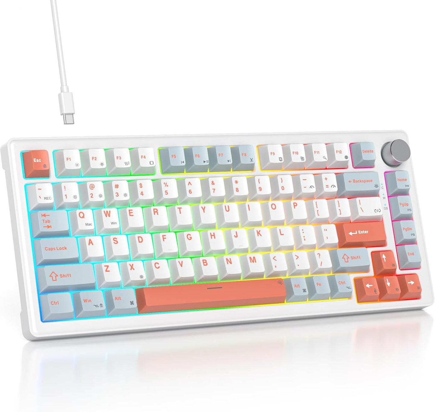 75% Mechanical Keyboard Gasket with Knob, Custom Wired Creamy Gaming Keyboard TKL 75 Percent Hot Swappable RGB Backlit, Pre-lubed Switch for Win/MAC PC Laptop(Salmon/White)