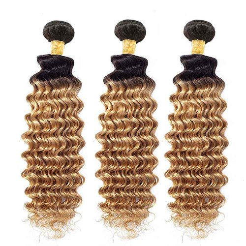 ZCMYVINND Hair Extension Color 1B27 Bundle 26 28 30 Inch Ombre Blonde Deep Wave Human Hair Bundles Brazilian Unprocessed Virgin Hair Two Tone Black Two Honey Blonde 3 Bundles