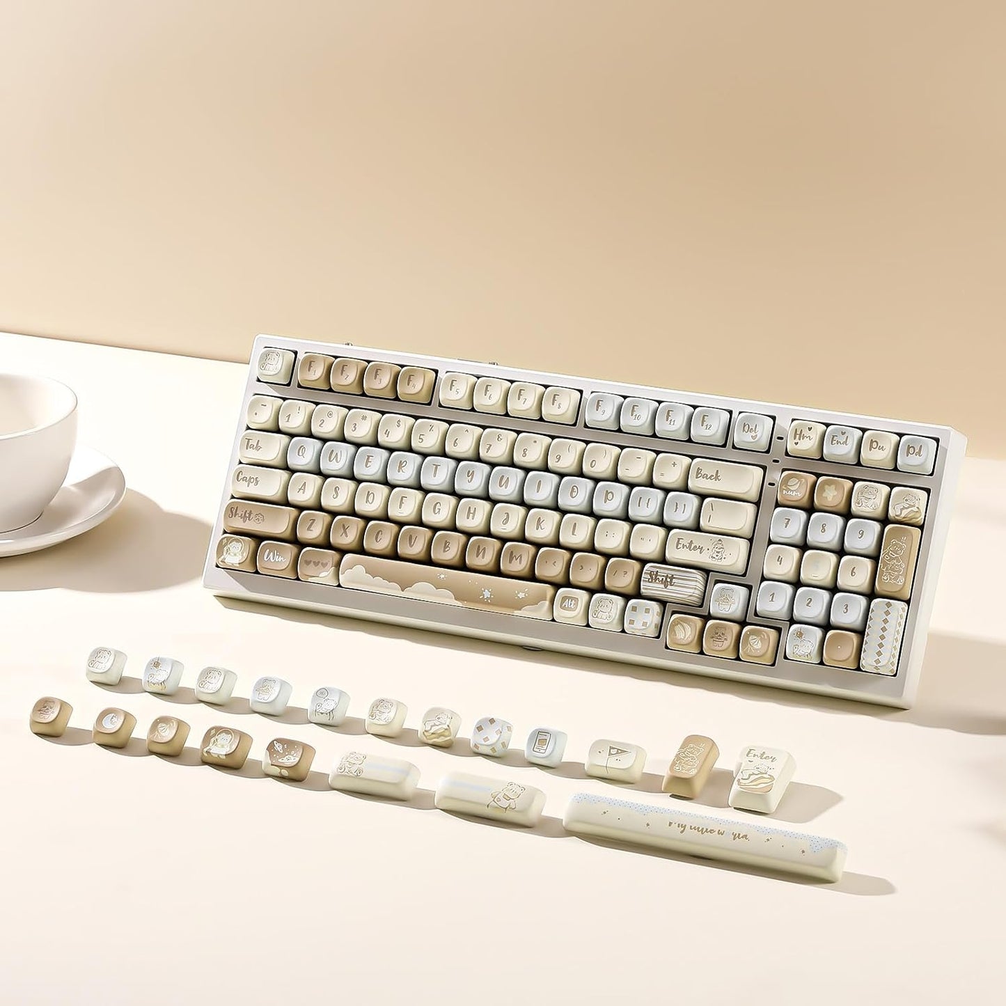 YUNZII 132 Keys MOA Keycaps, Dye-Sublimation PBT Custom Keycap Set for MOA Profile, Cute Bear Customized Pattern Keycaps for MX Switches Mechanical Gaming Keyboard (Butter)