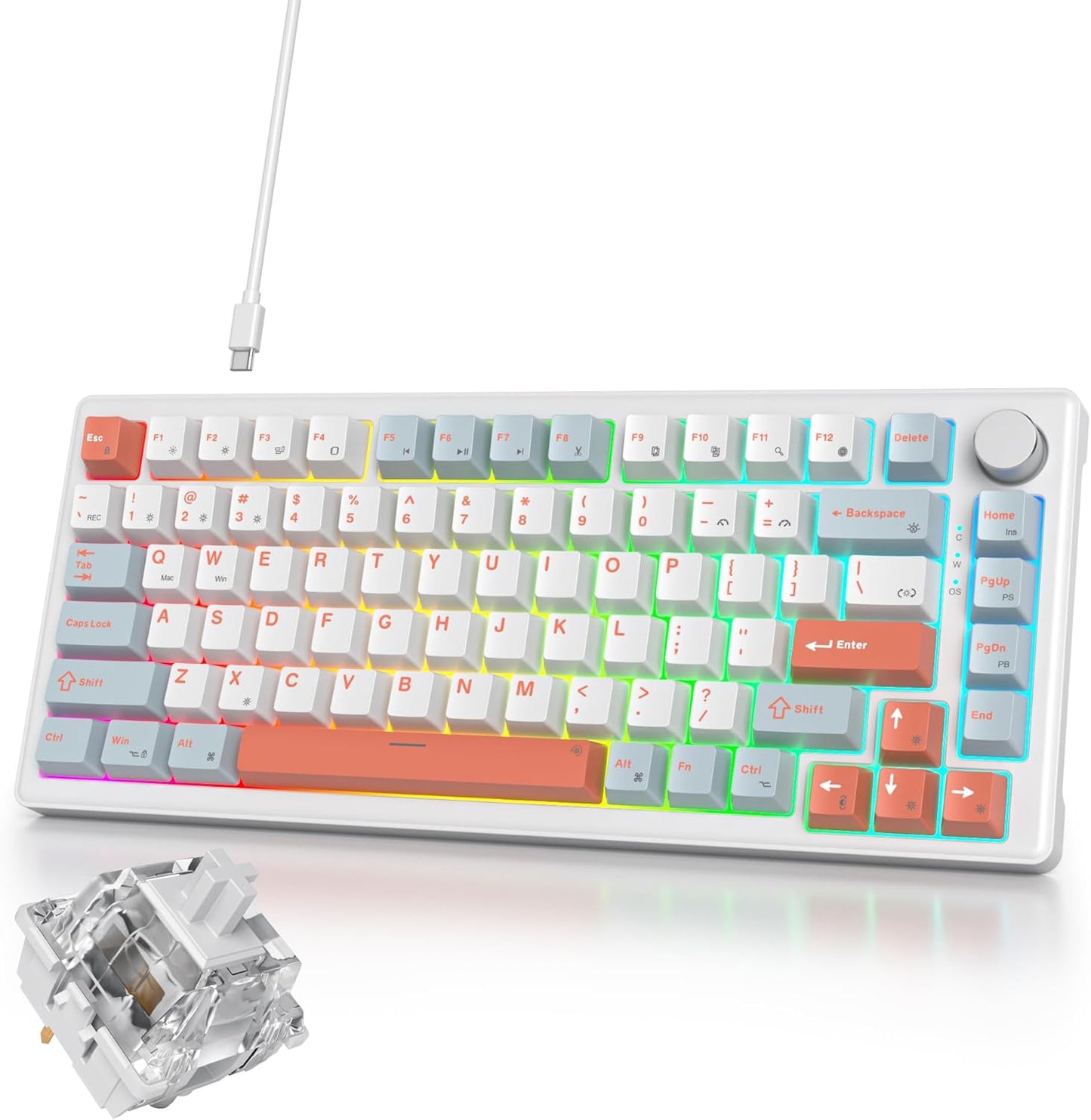 75% Mechanical Gaming Keyboard, Hot Swappable RGB Backlit Custom With Knob, Gasket Mount USB Wired, 82 Keys Blue White Linear Red Switch (82 Blue White)