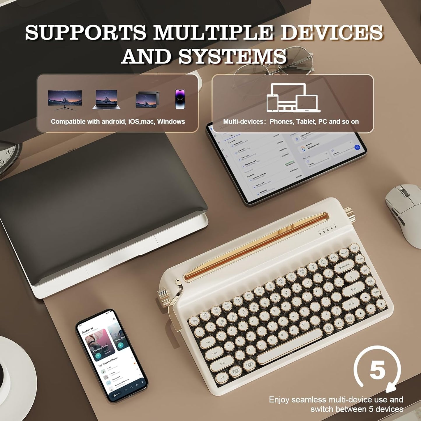 YUNZII QL75 Wireless Typewriter Hot Swap Retro Mechanical Keyboard,Punk Round Keycaps,RGB Backlit QMK/VIA Programmable, Multi-Device Keyboard with 2.4GHz/Type-C/BT5.0 (Wood, Cocoa Cream V2 Switch)