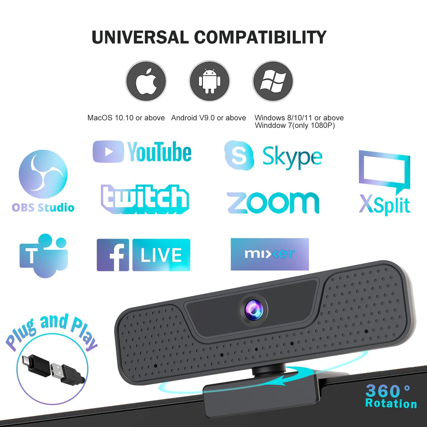 Akyta 4K Webcam with 4 Noise-Canceling Microphones-Privacy Cover-Tripod, AutoFocus Computer Web Camera for Desktop, 4K USB C Webcam for PC/Laptop/Desktop Computer/Teams/Zoom/YouTube Streaming