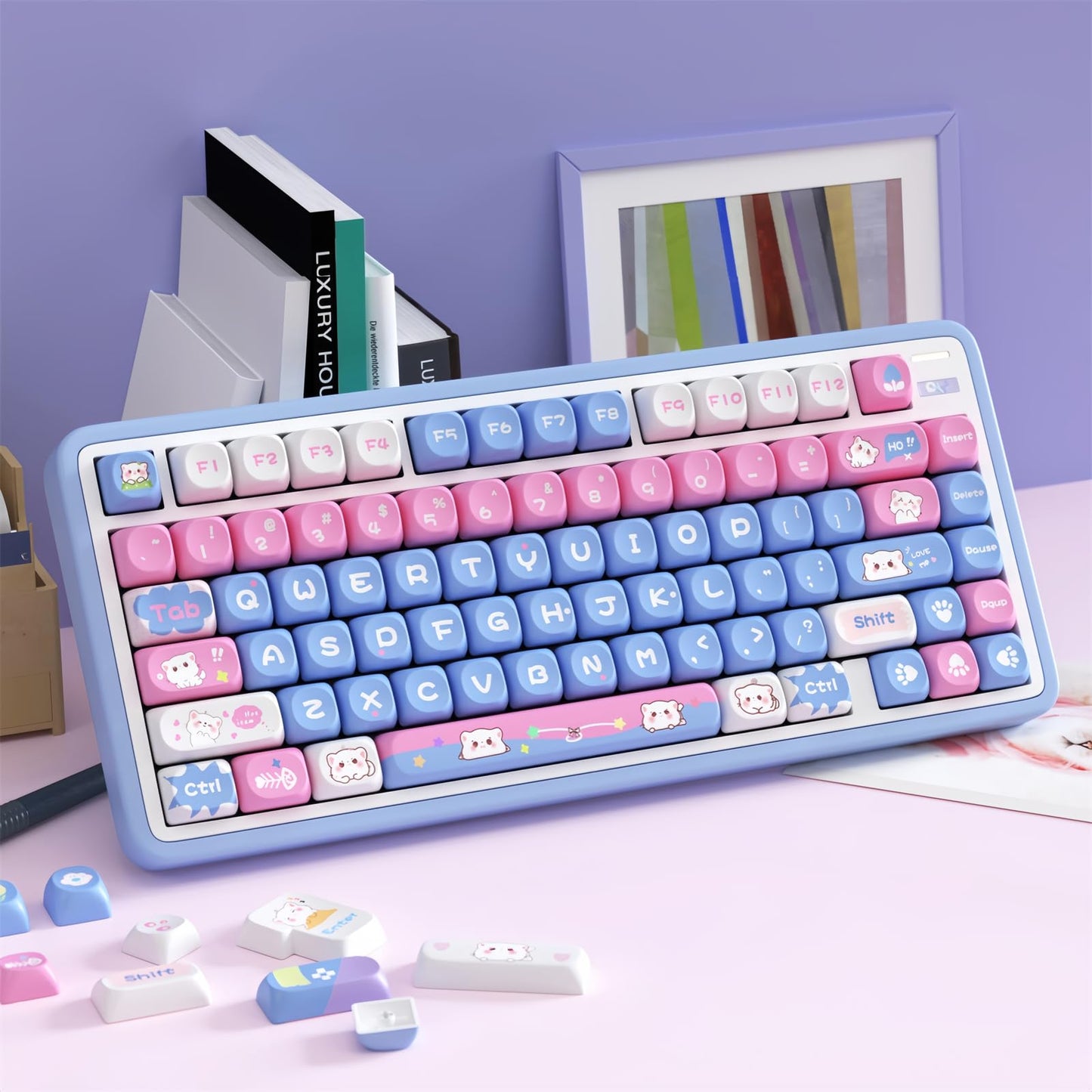 ZMX Cute Cat Keycaps,Kawaii PBT Dye-Sub Custom Keycaps SOA Profile 136 Keys Full Size Keycap Set for 60% 65% TKL Cherry MX Switch ANSI Layout Mechanical Gaming Keyboard Creamy Keycaps (02)