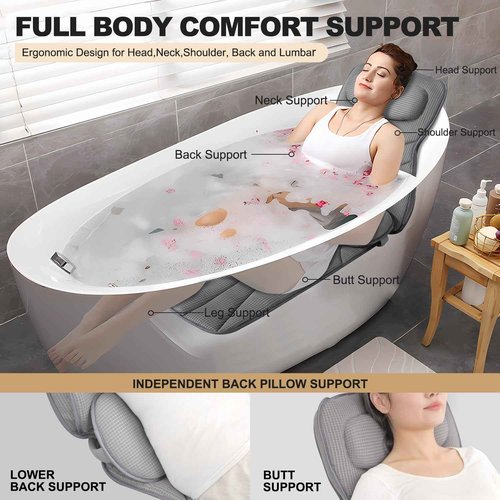 Extra Long Thick Full Body Bath Pillow for Tub with Lumbar Pillow- Luxury 4D Air Mesh Bathtub Pillow with Head, Shoulder & Back Support, Non-Slip Bath Cushion with Suction Cups, Fits All Tubs-Gray