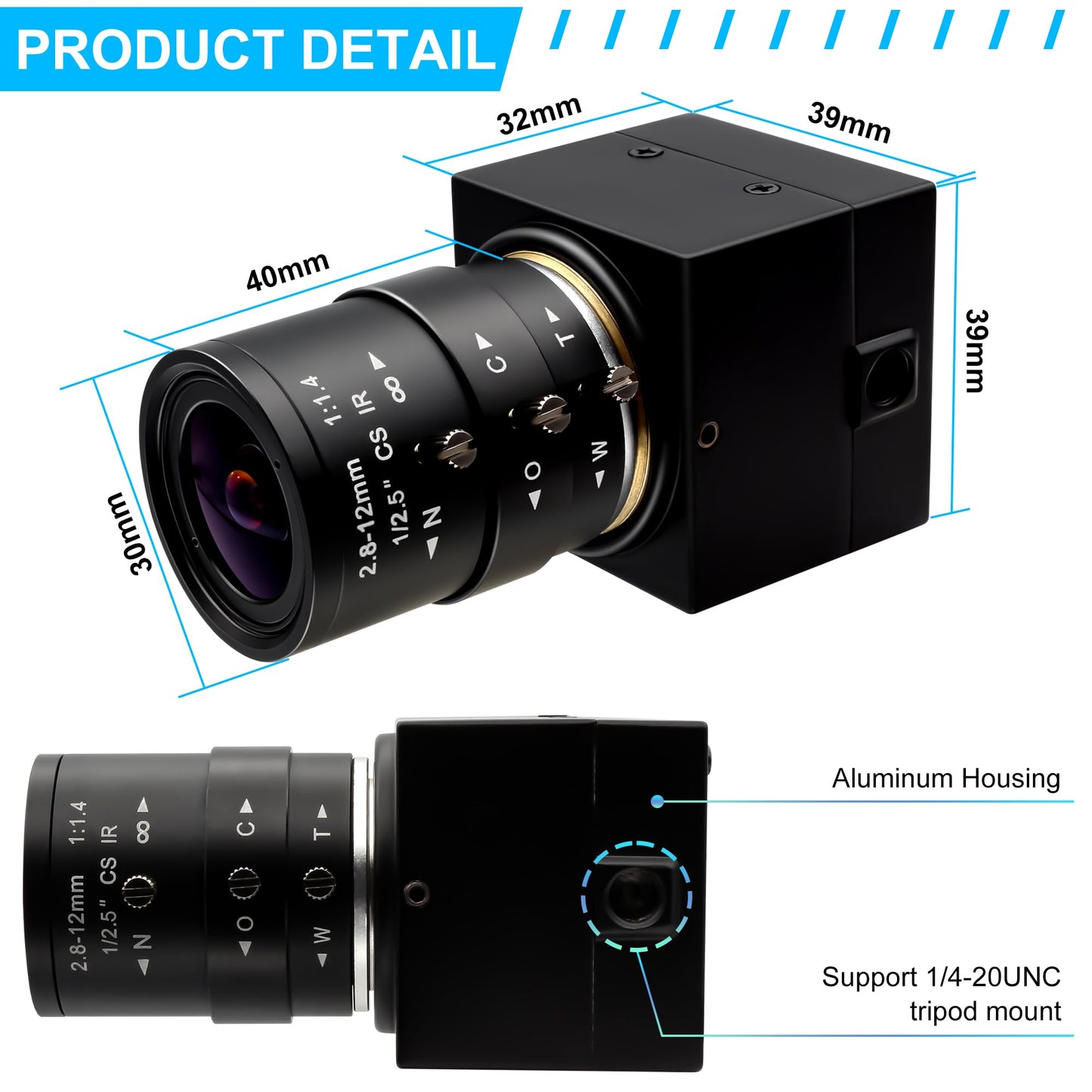 ALPCAM 1080P USB Camera with 2.8-12mm Varifocal Lens, 0.01Lux Low Light Webcam H.264 IMX323 Computer Camera for Video Conference, Plug & Play for Windows/Linux/Mac