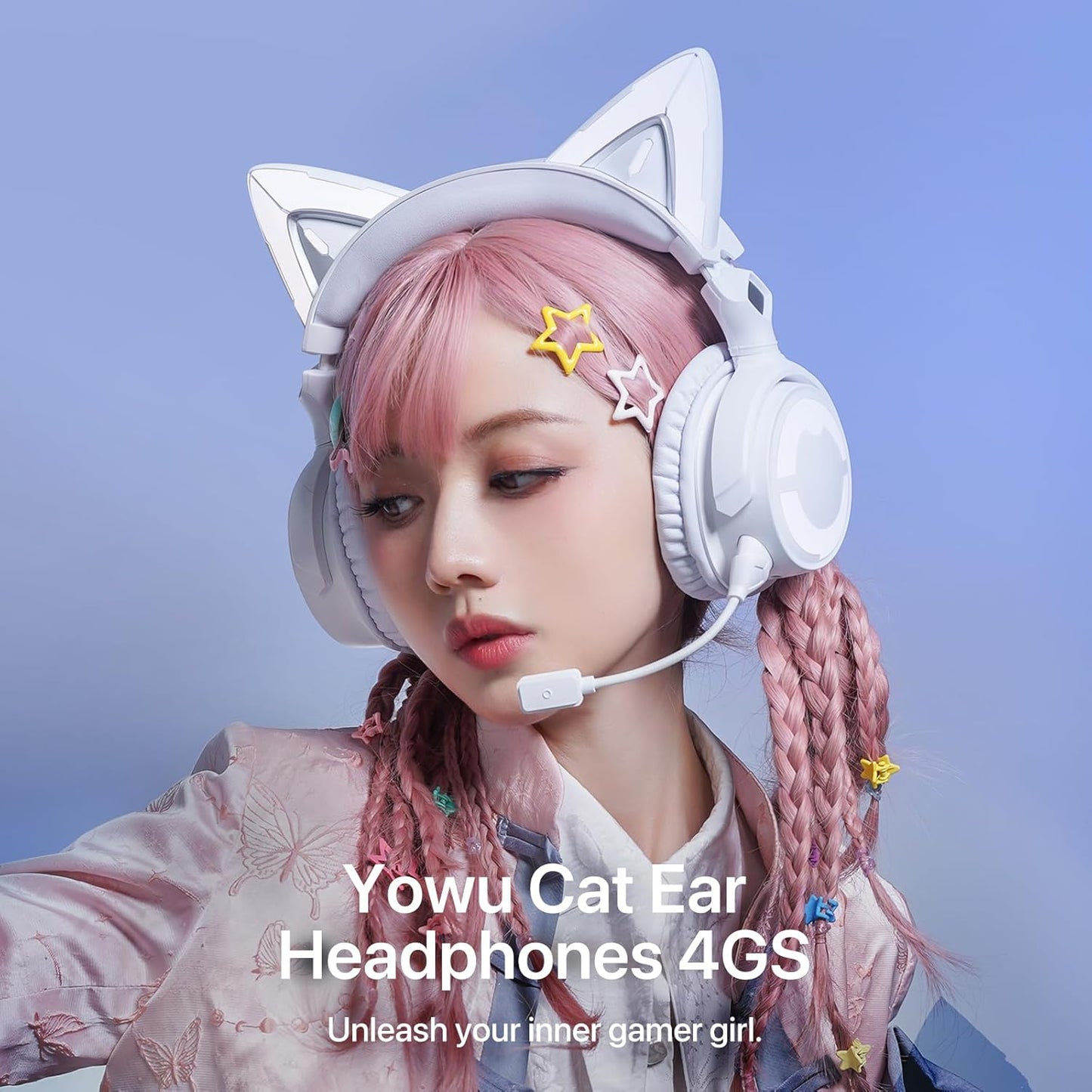 YOWU RGB Cat Ear Headphone 4, Upgraded Wireless & Wired Gaming Headset with Attachable HD Microphone -Active Noise Reduction, Dual-Channel Stereo & Customizable Lighting and Effect via APP (Pink)