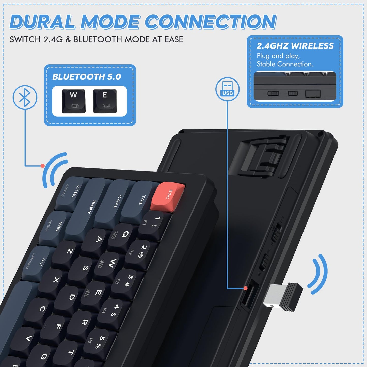 A.JAZZ AKL680 65% Low Profile Wireless Mechanical Keyboard, BT/2.4Ghz Dual Mode 68 Keys Gaming Keyboard with Ultra-Thin Brown Switches for PC/Laptop/Windows/Mac(Blue/Black)