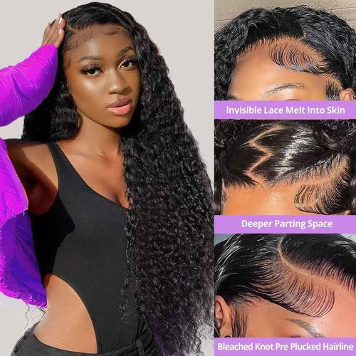 utodoo 22 Inch 13x6 Deep Wave Lace Front Wigs Human Hair Wig for Women 12A 200% Density HD Lace Front Wigs Human Hair Pre Plucked with Baby Hair Natural Black