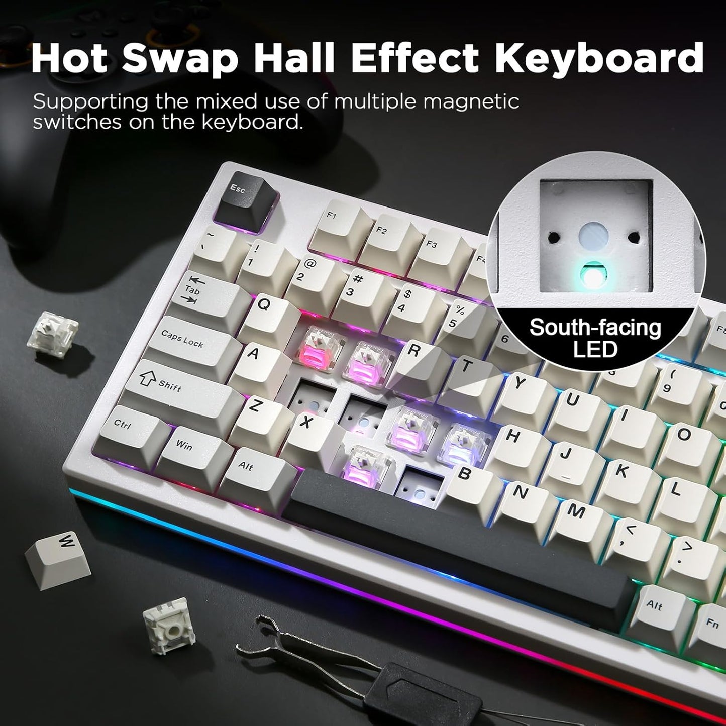 YUNZII RT80 Rapid Trigger Hall Effect Magnetic Gaming Keyboard, 8K Polling Rate, 75% Layout,BT/2.4GHz/Wired,RGB Backlit,Hot Swap,Adjustable Actuation Wireless for Win/Mac(Black, Gateron White)