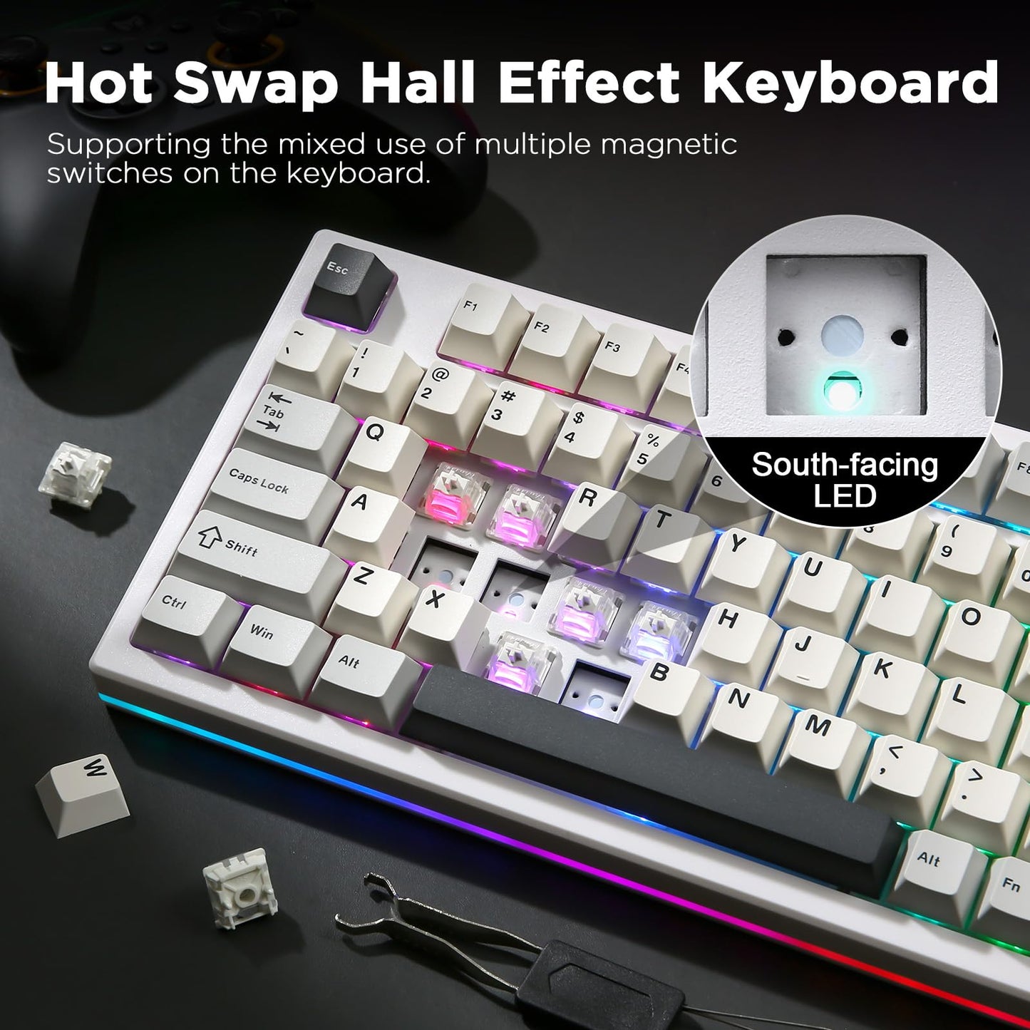 YUNZII RT80 Rapid Trigger Hall Effect Magnetic Gaming Keyboard, 8K Polling Rate, 75% Layout,BT/2.4GHz/Wired,RGB Backlit,Hot Swap,Adjustable Actuation Wireless for Win/Mac(White, Gateron White)