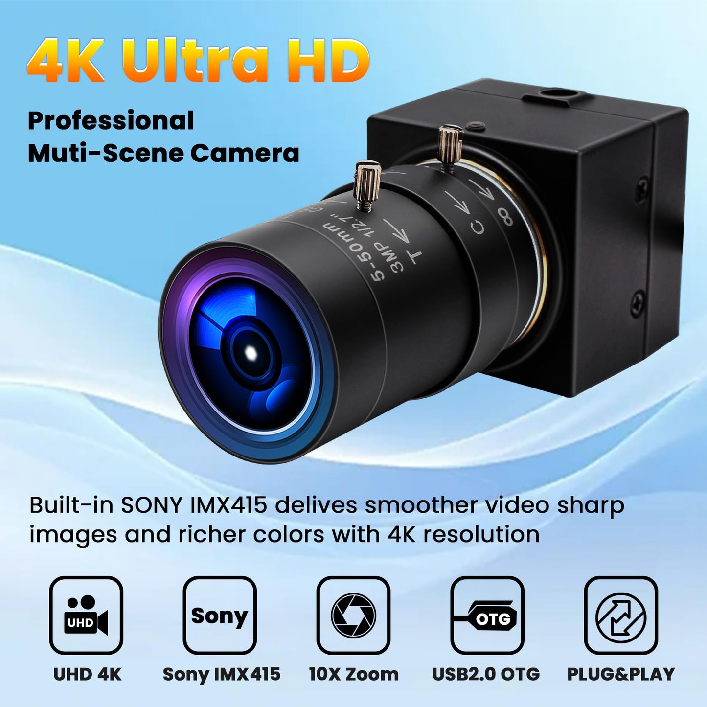ALPCAM 4K USB Camera - 10X Optical Zoom, Ultra HD 2160P, IMX415 Sensor, Plug and Play for Windows, Linux, Mac, Raspberry Pi