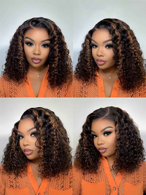 ISEE Hair Highlight Glueless Bob Wigs Human Hair Pre Plucked Pre Cut 2/30 Honey Blonde Curly Human Hair Wig for Black Women Ombre Water Wave 5x7 HD Lace Closure Wigs with Elastic Band 14 Inch