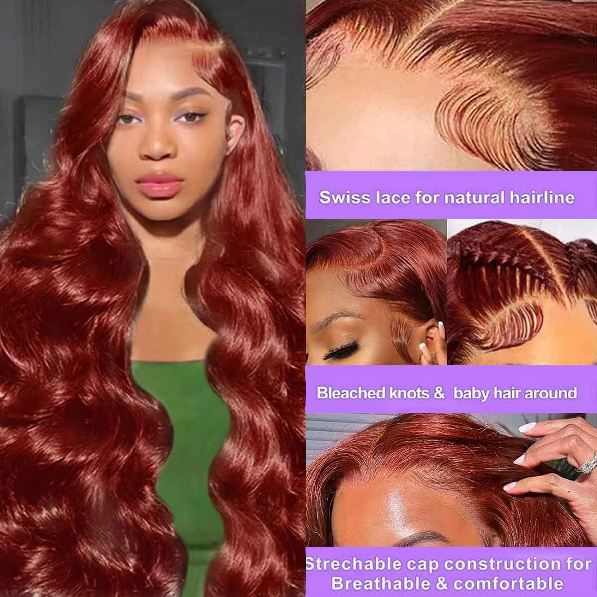 22 Inch Lace Front Wigs Reddish Brown Lace Front Human Hair Body Wave 180% Density 33# Lace Frontal Wig Pre Plucked with Baby Hair for Women Auburn Brown