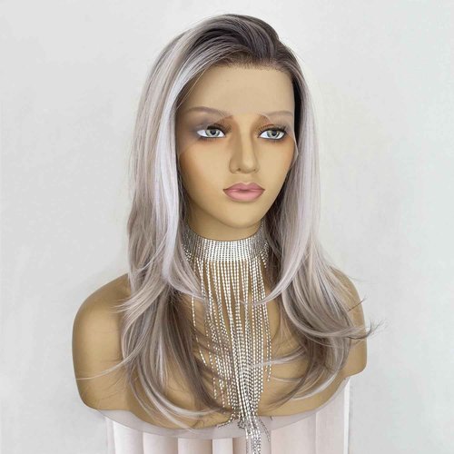 CIMITIKI Platinum Highlight Blonde and Brown Wigs 13x4 Lace Front Wig Layered Free Style Wear and Go Synthetic 18Inch Pre Plucked Hairline for Women