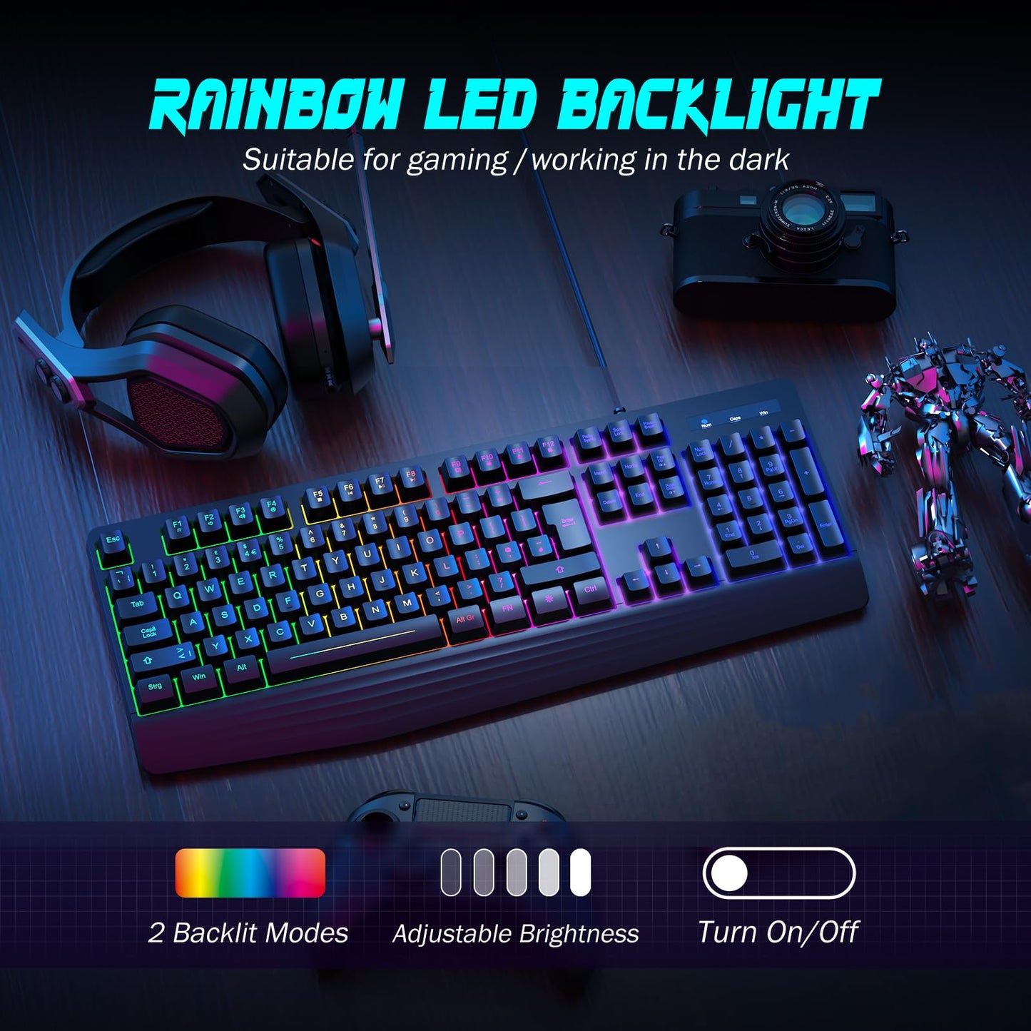 yesbeaut Gaming Keyboard, 7-Color Rainbow LED Backlit, 104 Keys Quiet Light Up Keyboard, Wrist Rest, Whisper Silent, Anti-ghosting Multimedia Keys, Waterproof USB Wired Keyboard for PC Mac Xbox