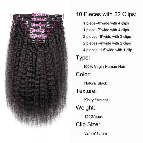 VKHAIR Kinky Straight Clip in Hair Extensions for Black Women Human Hair Clip In Extensions 20 Inch 10Pcs 120g Natural Black Full Head Unprocessed Remy Human Hair (Natural Black, 20 Inch)