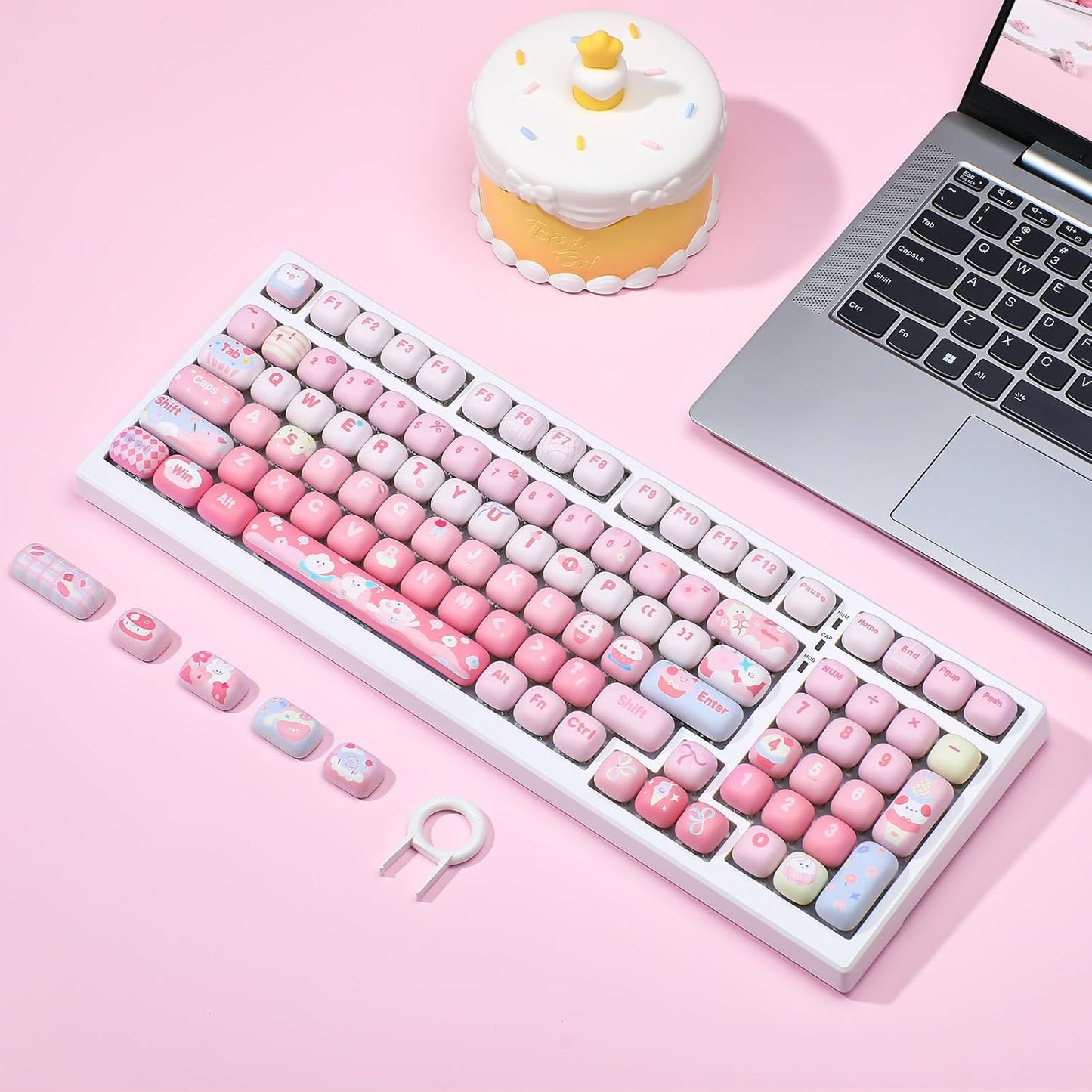 YUNZII Cute Pink Ice Cream Custom Keycaps, 138 Keys Dye Sub PBT MOG Profile Keycap Set for Mechanical Gaming Keyboards (Pink Ice Cream)