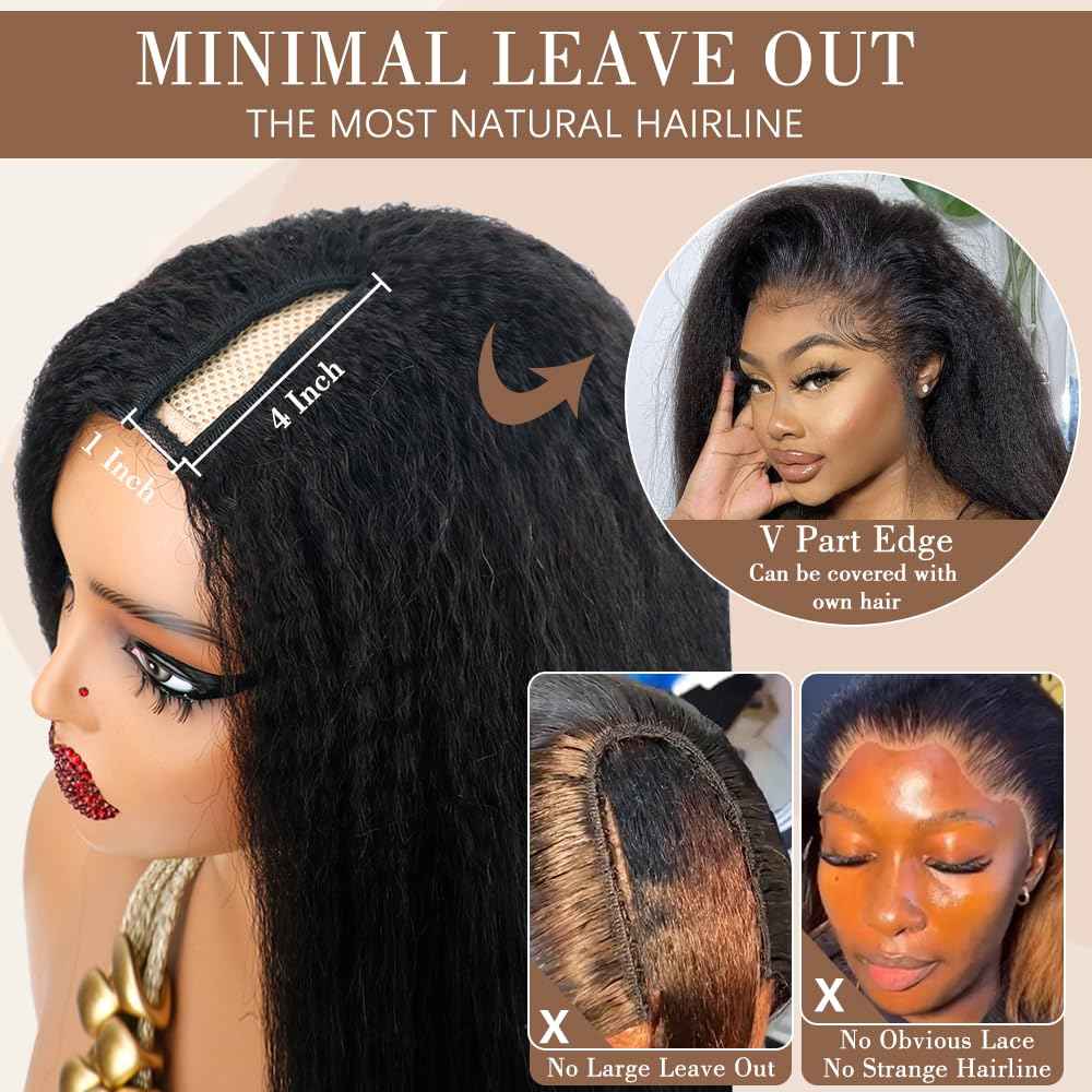 Goulus Kinky Straight V Part Wig Human Hair 14 Inch V Part Wig For Women with Drawstring 180% Density Upgrade Glueless U Part Wig No Leave Out No Sew In Kinky Straight Human Hair Wigs Natural Black