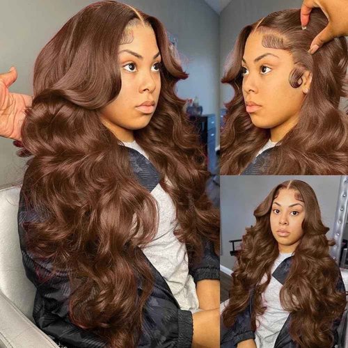 Alielaine Chocolate Brown Lace Front Wig 200 Density Body Wave Hd Lace Front Glueless Wigs 26inch Human Hair Pre Plucked 4# Colored Wigs