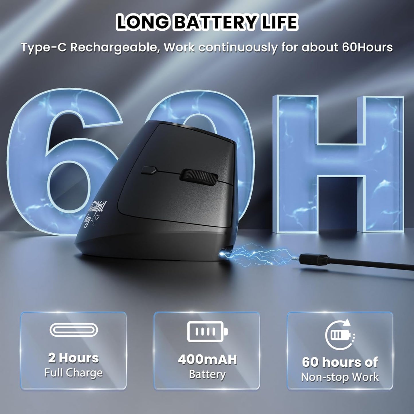 A.JAZZ I300 Bluetooth and 2.4G Rechargeable Wireless Mouse,Ergonomic Vertical Design Optical Mouse Computer Mice,800/1200/1600 DPI,Quiet Clicks,84G Lightweight for Laptop, Desktop, PC, MacBook(Black)
