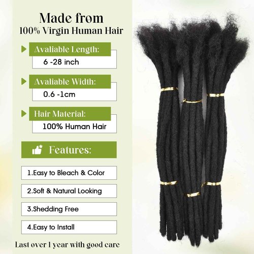 BUGUQI 100% Human Hair Dreadlock Extensions - Handmade Premium Remy Hair Locs 0.6cm Thick, 30 Strands/Pack Reusable for Crochet & Protective Styles (Natural Black)(0.6CM Width-1B, 8 Inch-30 Strands)
