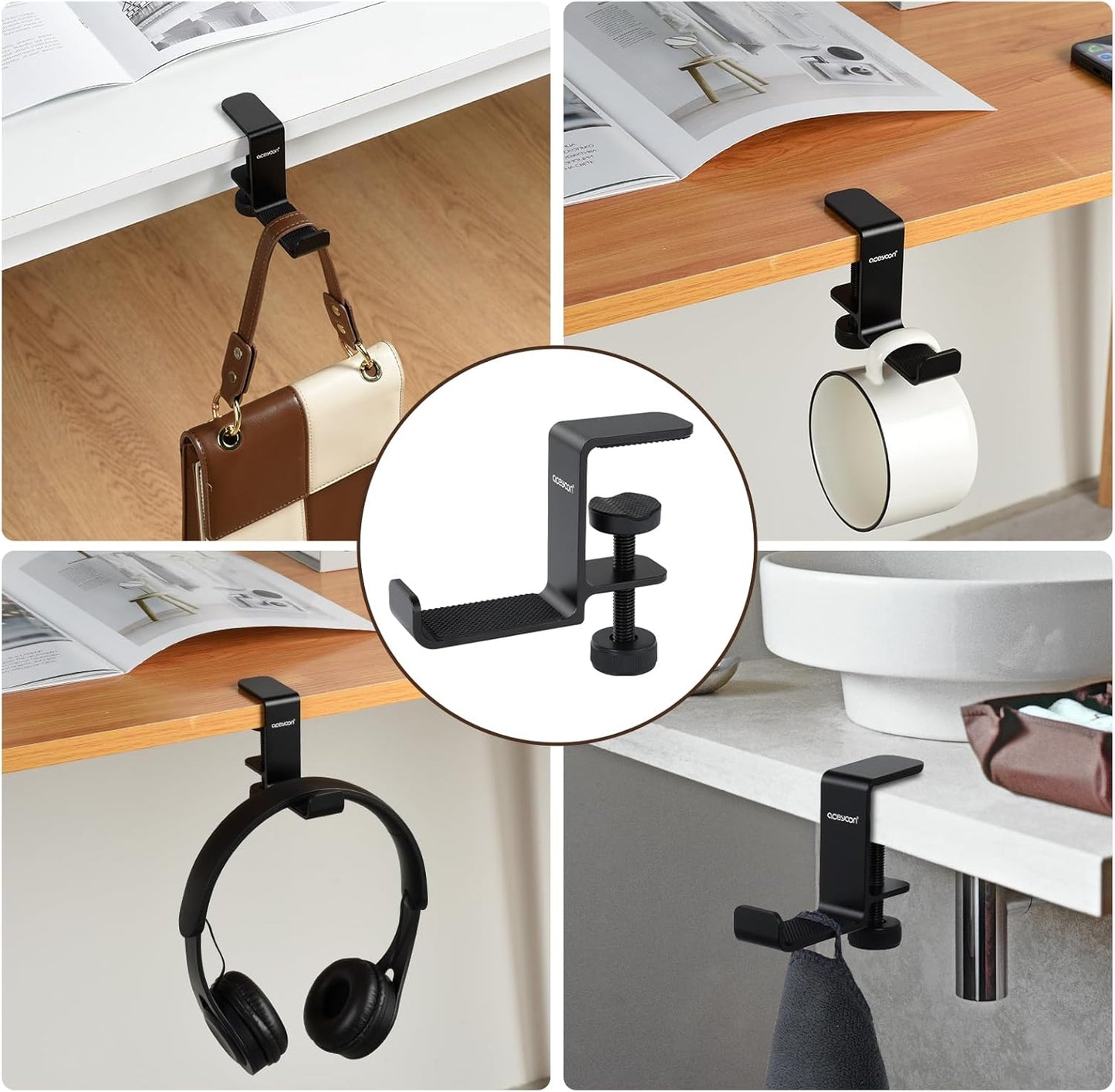 aceyoon Under Desk Headphone Hanger, Aluminum Headphone Stand,Headset Holder Space-Saving for Bag/Backpack/Gaming Headphone, Black