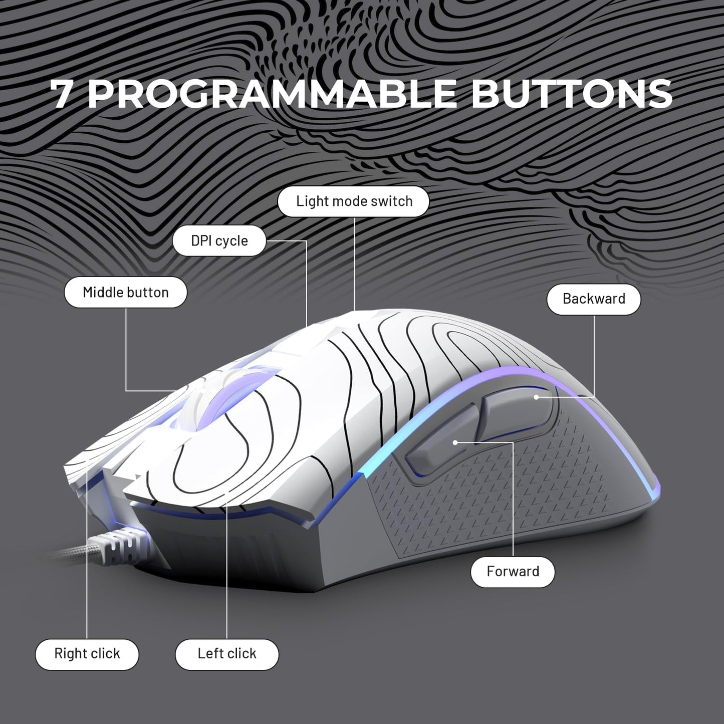 XVX G705 Wired Gaming Mouse, 12000 DPI RGB Gaming Mouse with 12 Backlit Modes & 7 Macro Buttons, PC Gaming Mice Support DIY Keybinding, Mouse Gamer Computer Mouse for Laptop PC Mac Windows,Topographic