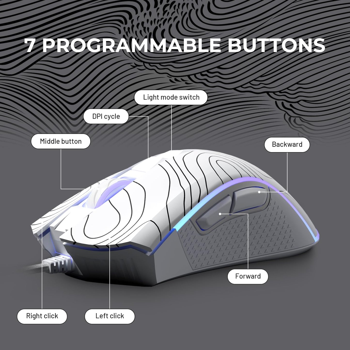 XVX G705 Wired Gaming Mouse, 12000 DPI RGB Gaming Mouse with 12 Backlit Modes & 7 Macro Buttons, PC Gaming Mice Support DIY Keybinding, Mouse Gamer Computer Mouse for Laptop PC Mac Windows,Topographic