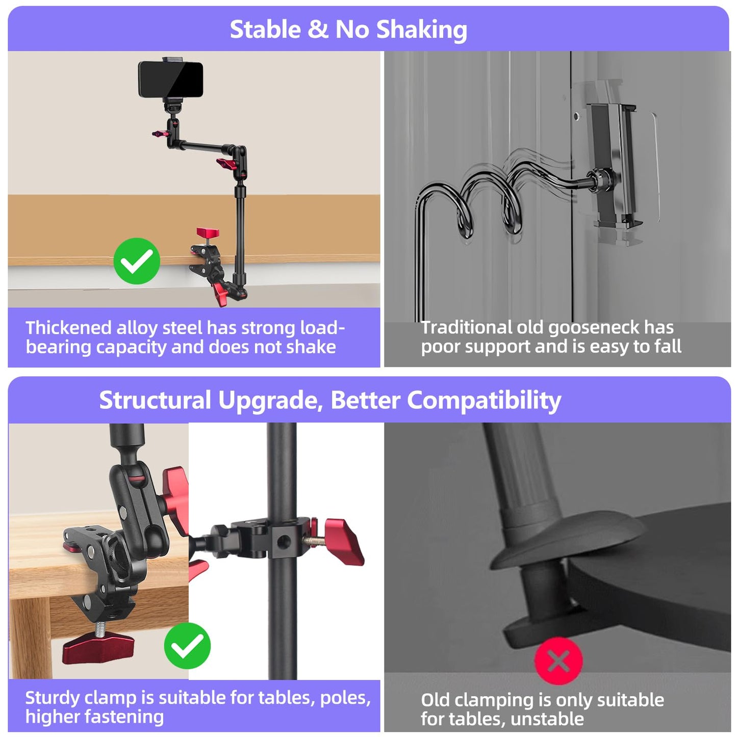 22" Magic Arm w Clamp Camera Mount, Overhead Phone Mount w Dual Ball Head Articulating Mic Boom Arm, 3/8" 5/8" Screw Adapters, Adjustable Camera Desk Mount Stand for Webcam Tripod Light Video Rig