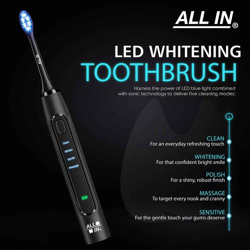 ALL-IN Sonic Rechargeable LED Whitening Toothbrush - Blue & RED LED Light Technology - 4 Advanced Deep Cleaning Modes with a Timer - Adult Toothbrush - BPA Free and PHTHALATES Free