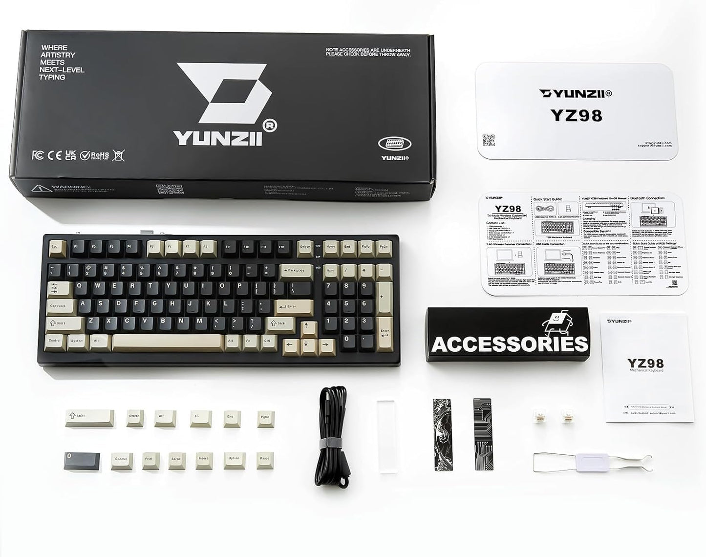 YUNZII YZ98 Gasket Mechanical Keyboard,99 Key Hot Swappable BT5.0/2.4G/USB-C Wireless NKRO 98% 1800 Layout with RGB LED Backlit for Linux/Win/Mac(Milk Switch, Black)