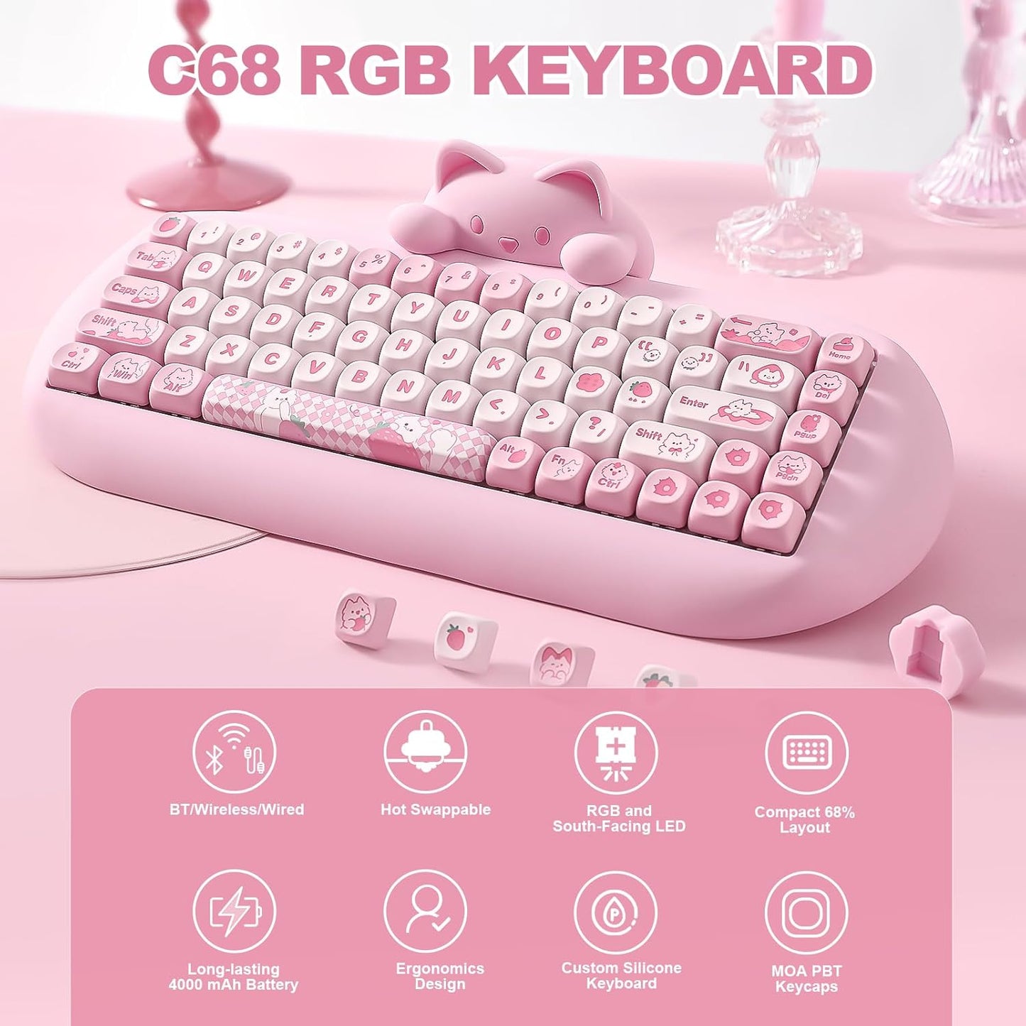 YUNZII C68 Wireless Mechanical Keyboard,65% Layout,Hot Swap,Triple Mode BT5.0/2.4G/Wired, RGB Backlit NKRO,Cute Cat Silicone Ergonomic Design for Win/Mac(Brown, Cocoa Cream V2 Switch)