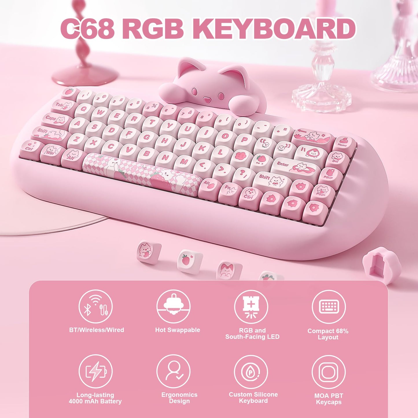 YUNZII C68 Wireless Mechanical Keyboard,65% Layout,Hot Swap,Triple Mode BT5.0/2.4G/Wired, RGB Backlit NKRO,Cute Cat Silicone Ergonomic Design for Win/Mac (Pink, Milk Switch)