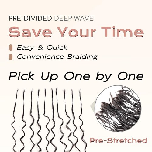 Pre-Divided Deep Wave Human Braiding Hair for Boho Braids Bulk Hair Pre-stretched Human Braiding Hair Deep Wave For Black Women (Natural Black, 22 Inch - 320 Roots/120g)