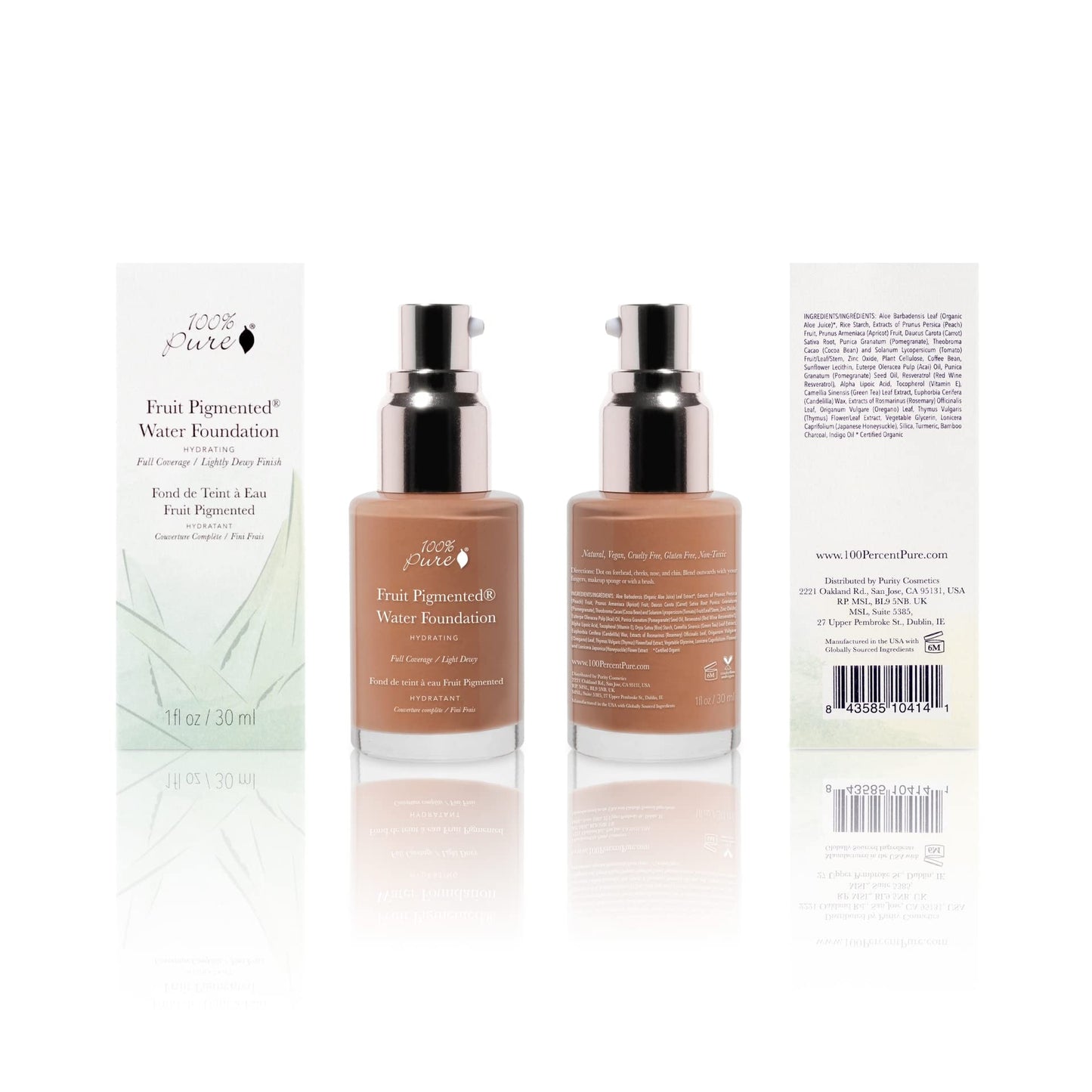 100% PURE Water Foundation Full Coverage Hydrating Makeup, Light Dewy Finish, Moisturizing Concealer for Normal to Dry Skin, Fruit Pigment Color Warm 6.0 w/Peachy Undertones for Tan Skin - 1 Fl Oz