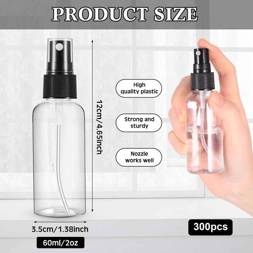 Roshtia 300 Pcs 2 oz Plastic Mini Spray Bottles with Black Cap Clear Empty Fine Mist Spray Bottles Refillable Liquid Container for Essential Oils Perfumes Travel Makeup