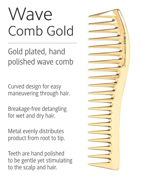 Ibiza Hair Professional Wave Detangling Comb (Gold), Wide Spaced Teeth Preserve Curl & Definition, Pain Free Hair Accessories for Women & Girls, Durable & Heat Resistant for Everyday Use
