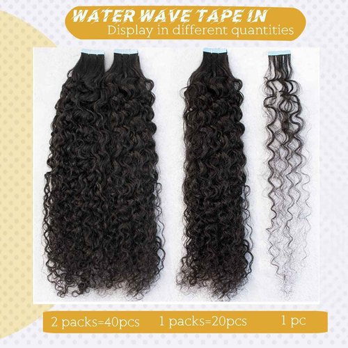 #1B Water Wave Tape in Extension for Black Women, 9A Brazilian Human Hair Adhesive Skin Weft Loose Wave Tape ins Human Hair Extensions Full Ends 40pcs 100g(24inch, #Natural Black)