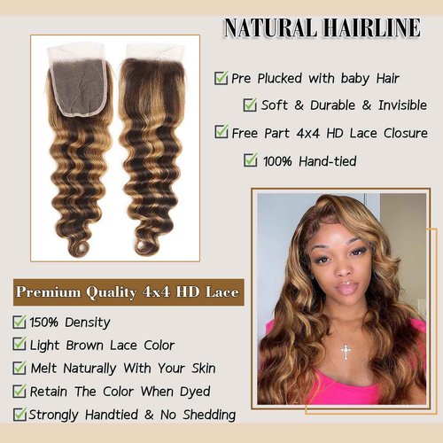 Highlight Human Hair Bundles with Closure Loose Deep Wave 14 16 18+14in 10A Highlight Ombre Human Hair Bundles Loose Wave with 4x4 HD Lace Closure Free Part