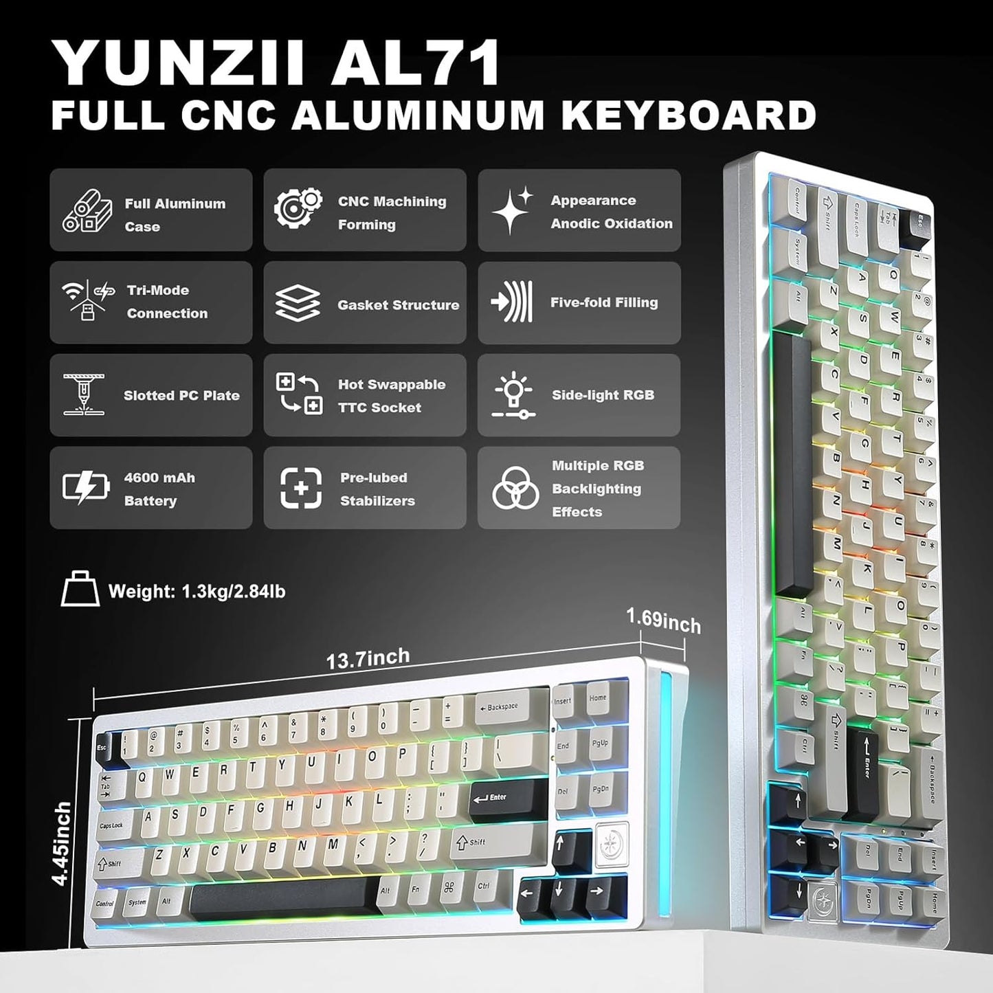 YUNZII AL71 75% Mechanical Keyboard,Full Aluminum CNC,Hot Swappable Gasket,2.4GHz Wireless BT5.0/USB-C Wired,NKRO Programmable RGB Backlight Creamy Typing for Win/Mac(Pink, Crystal White Switch)