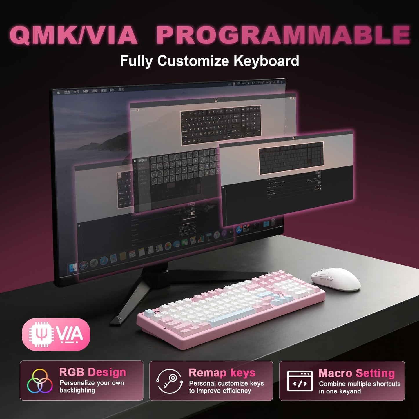 YUNZII AL98 QMK/VIA Wireless Mechanical Gaming Keyboard,Full Aluminum,BT/2.4G/USB-C, Pre-Lubed Hot Swappable Gasket Mount 1800 Layout,RGB Backlit for Win/Mac (Pink, Milk Switch)