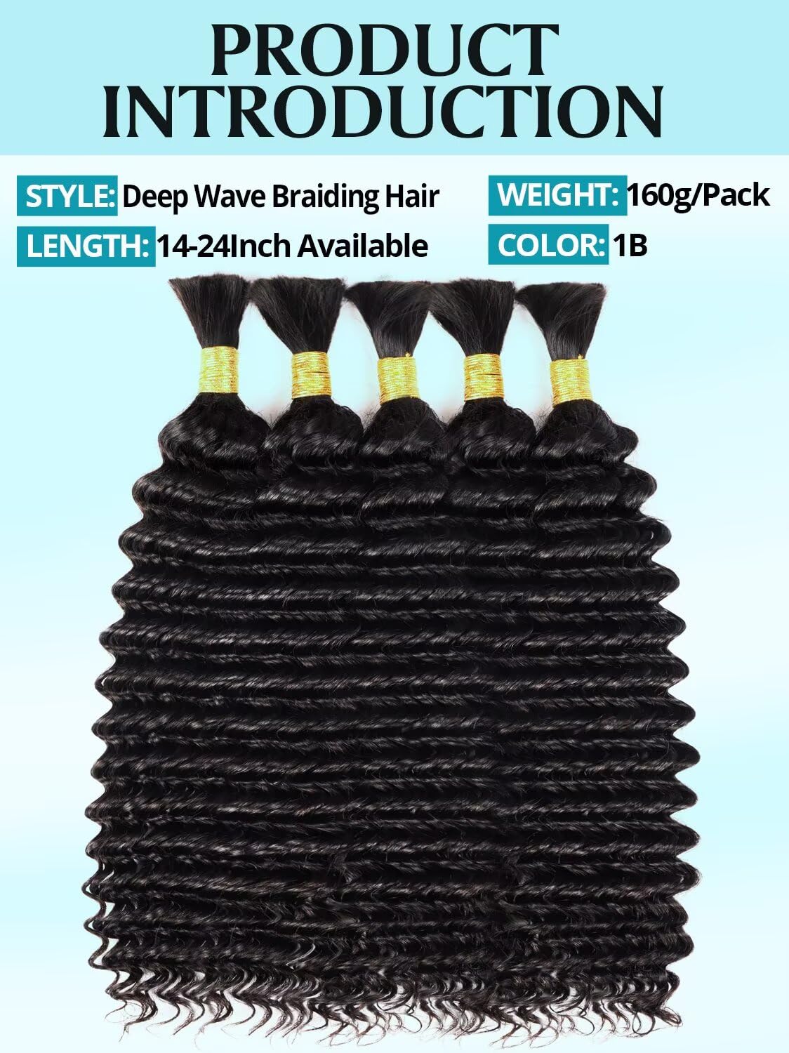 160g 5 Bundles/Pack Human Braiding Hair for Boho Braids 24 Inch Curly Boho Hair for Braiding Knotless 12A Deep Wave Bulk Bohemian Natural Black