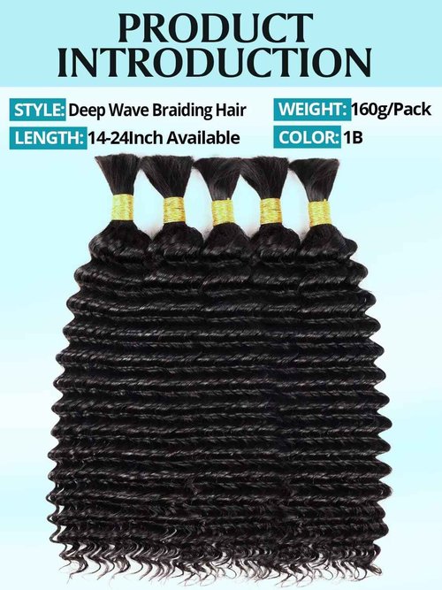 160g 5 Bundles/Pack Human Braiding Hair for Boho Braids 24 Inch Curly Boho Hair for Braiding Knotless 12A Deep Wave Bulk Bohemian Natural Black