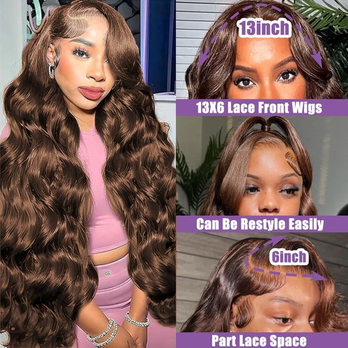 Fusenp 13x6 Hd Body Wave Lace Front Wigs Human Hair Pre Plucked Chocolate Brown Lace Front Wig Human Hair 210% Density Glueless Lace Frontal Wigs Brown Wigs for Women (20 Inch)