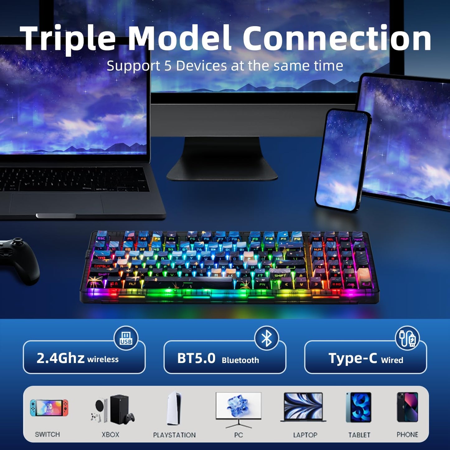 ZORNHER ZH980 Wireless Mechanical Gaming Keyboard,95% Blue Creamy Keyboard with Number Pad,Van Gogh's Starry Night Dye Sublimation PBT Keycaps,Pre-lubed Linear Switches,Hot-Swappable,RGB Backlit