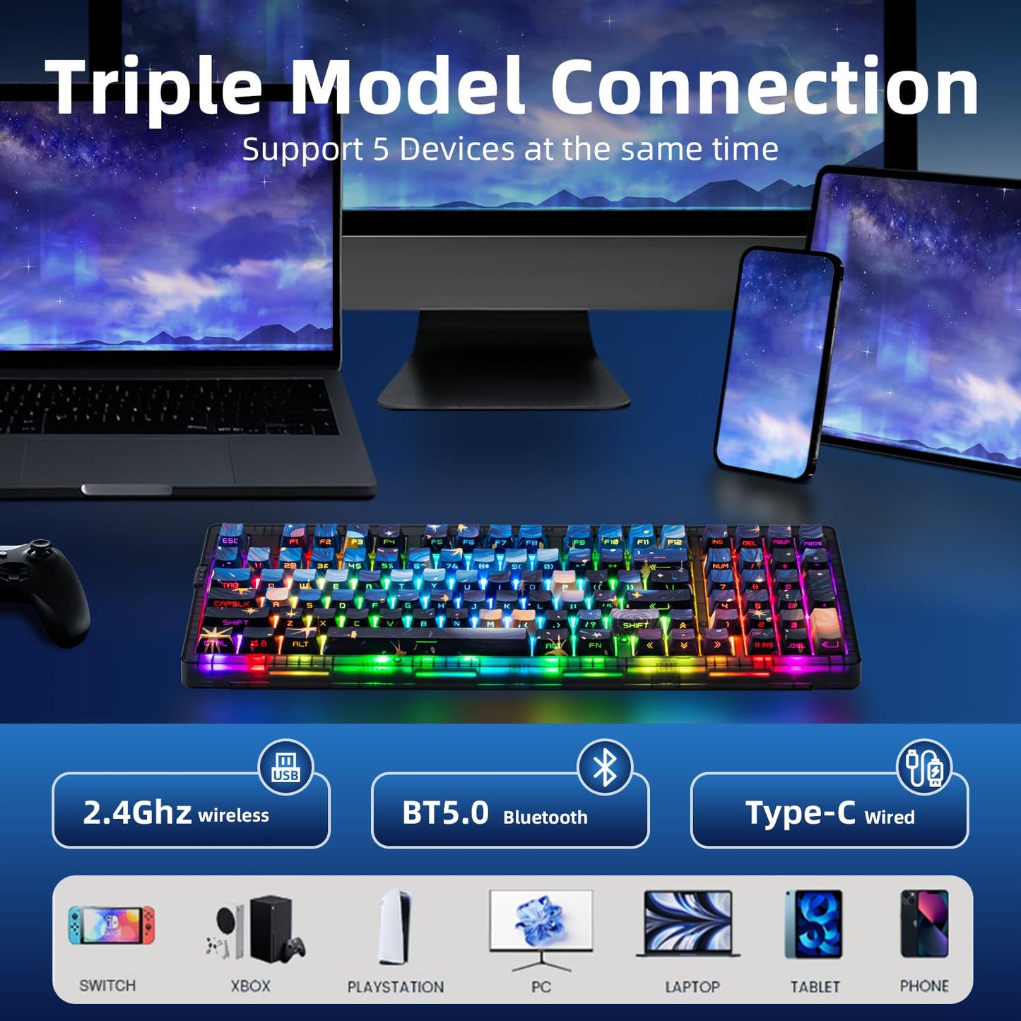 ZORNHER ZH980 Wireless Mechanical Gaming Keyboard,95% Blue Creamy Keyboard with Number Pad,Van Gogh's Starry Night Dye Sublimation PBT Keycaps,Pre-lubed Linear Switches,Hot-Swappable,RGB Backlit