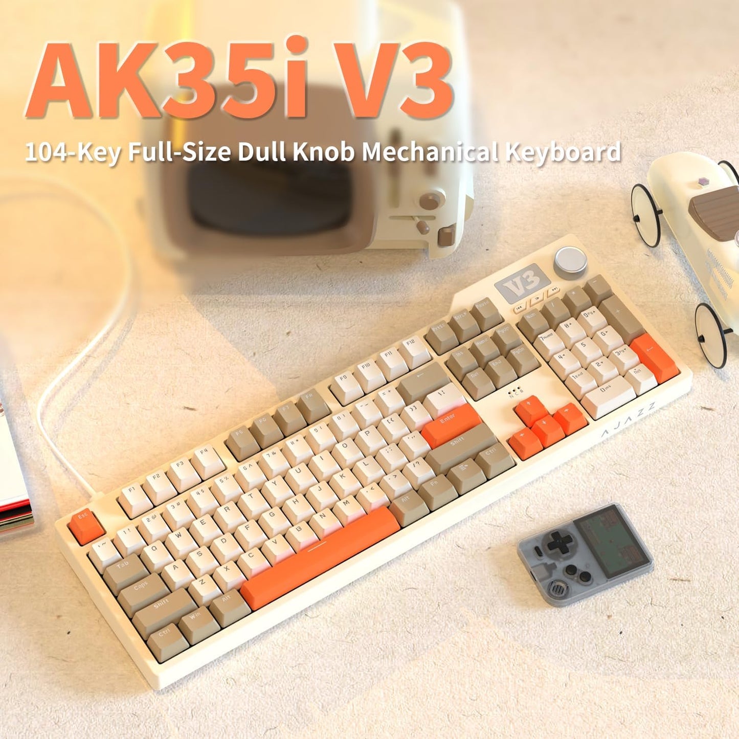 AJAZZ AK35I V3 104-Key Full Size Wired Gasket Mount Gaming Keyboard with Multimedia Buttons & Knob Control | Five Layer Pad | OEM Profile PBT Keycaps | Blue Backlit Custom Keyboard
