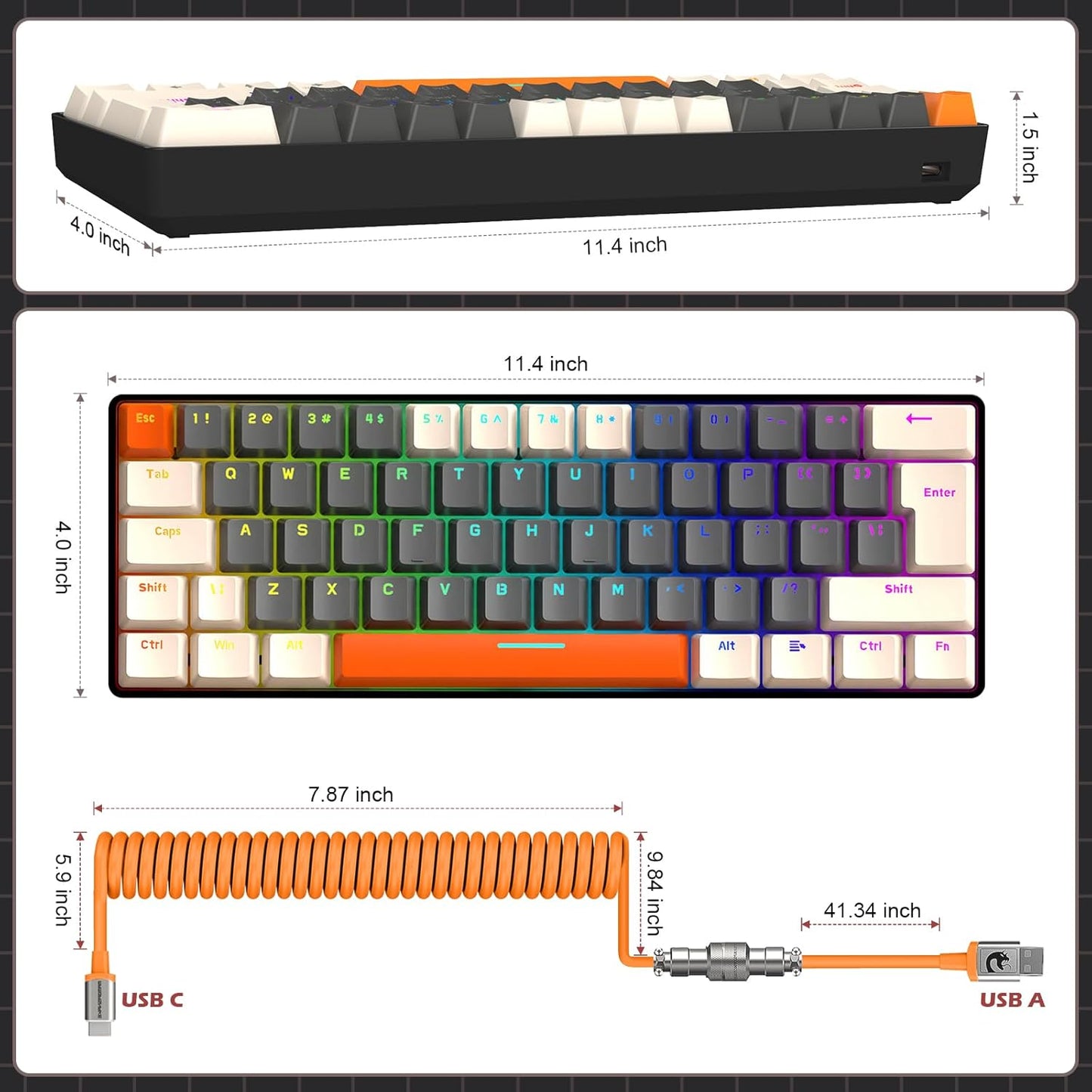ZIYOU LANG RK-T60 Wired Mechanical Gaming Keyboard and Mouse Combo Portable with Rainbow Backlit 62Key NKRO 6400DPI RGB Honeycomb Mice Coiled Aviator Cable for PS4/PC/WIN Gamer(Light Gray/Red Switch)