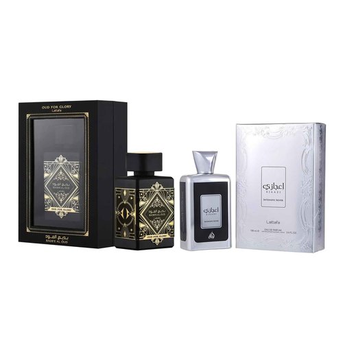 Lattafa Perfumes for Unisex 2 Piece Eau de Parfum Gift Set (Bade'e Al Oud Oud For Glory + Ejaazi Intensive Silver) 3.4 Ounce/100 ml each