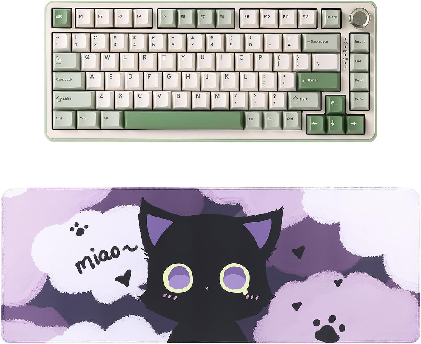 YUNZII B75 PRO Wireless Mechanical Keyboard(Matcha Green, Cocoa Cream V2 Switch), Gaming Mouse Pad(Black cat, 31.49'' x 11.8'')